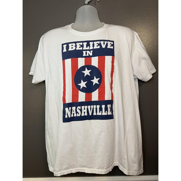 I Believe in Nashville Shirt Mens XL White Graphic Tennessee Tri Star Flag TN - Picture 1 of 6
